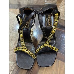 Fendace Fendi x Versace First Gold Heel Sandals Black Leather Medusa Greca 38